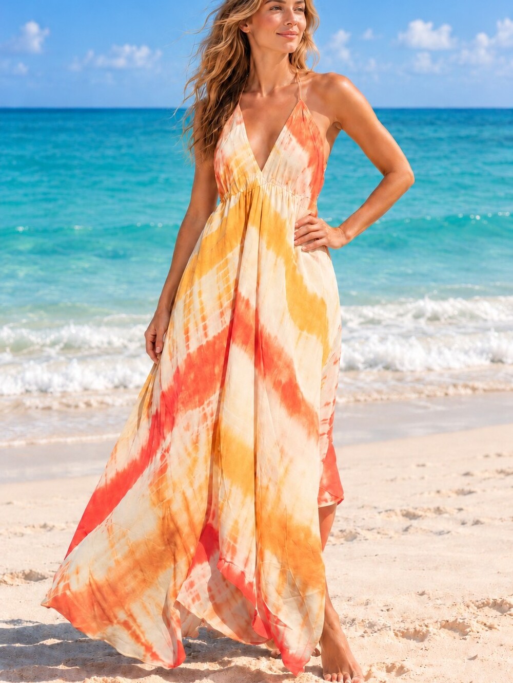 Viola Parrocchetti Tie Dye Halter Maxi Dress Orange Yellow Size Small